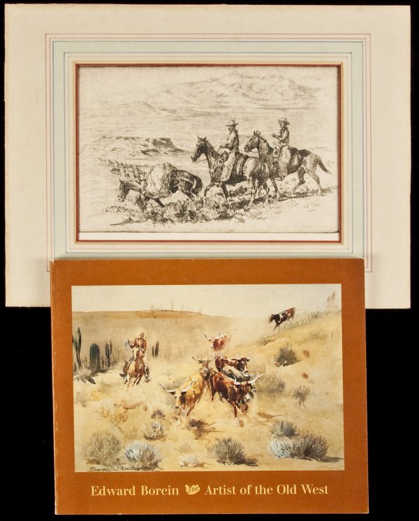 Etching by Edward Borein: Title: "On Their Way" - original etching and drypoint Author: Borein, Edward Description: Original etching, impression size 5½x8 on 8x11¼ paper, tipped onto matting by a few pieces of tape. Signed i