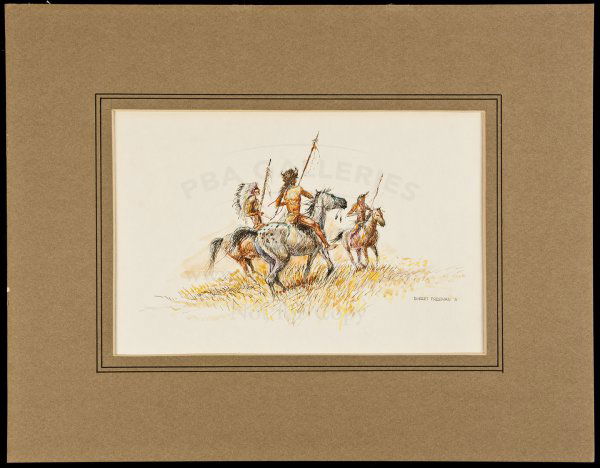 orig color ink drawing of Indians Robert Freeman: Title: Meeting Up - original hand-colored ink drawing Author: Freeman, Robert Description: Original drawing, hand-colored in other colors. 7x11, taped to matting on verso. Signed in pencil by the arti