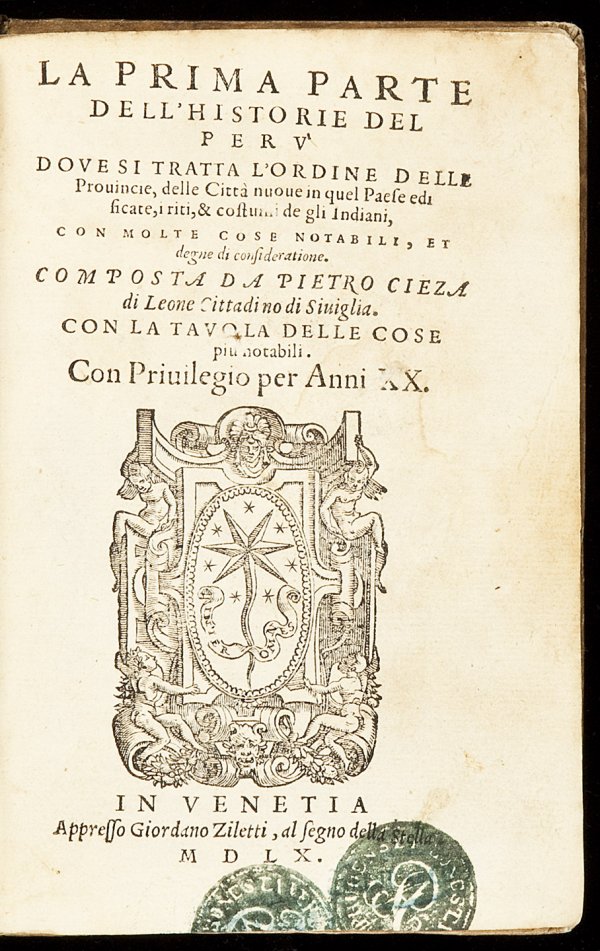 2 vol Historie del Peru by Pietro Cieza 1560-65: Title: Historie del Peru...La Prima Parte [and] La Seconda Parte Author: Cieza de León, Piedro de Description: 2 volumes. [8], 215, [1]; [16], 324 leaves pp. Woodcuts on title pages. (8vo) 6x4, moroc