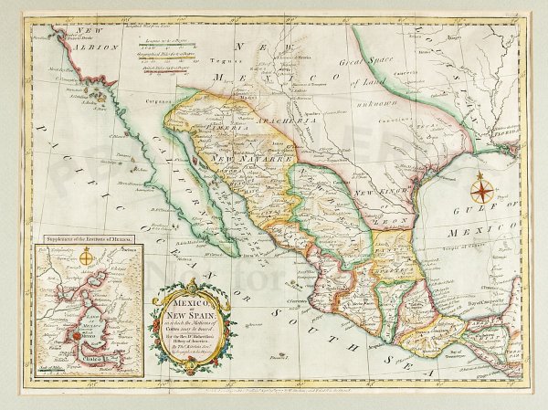 Kitchin's map of Mexico or New Spain 1777: Title: Mexico, or New Spain; in which the Motions of Cortes may be traced Author: Kitchin, Thomas Description: Copper-engraved map, modern hand-coloring. 28.5x38.3 cm. (11¼x15"), matted & framed unde