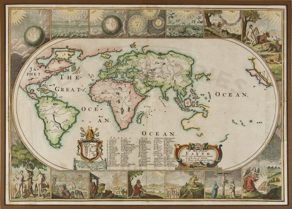 Moxon World Map after the Flood insular Calif.: Title: A Map of All the Earth and How after the Flood it was Divided among the Sons of Noah... Author: Moxon, Joseph Description: Copper-engraved map, later hand-coloring. 32x44.4 cm. (12½x17½"), ma