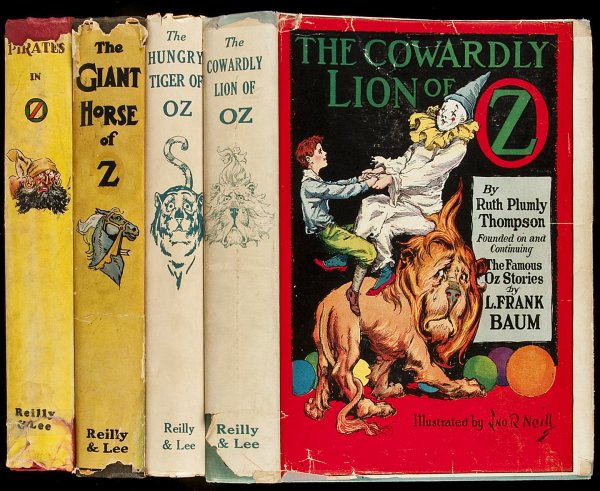 Four Oz titles by Ruth Plumly Thompson: Title: Four Oz titles by Thompson - Reprints with dust jackets Author: Thompson, Ruth Plumly Description: Includes: The Cowardly Lion of Oz. Large piece lacking from rear jacket panel. List of titles 