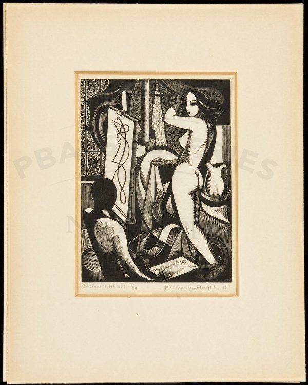 Buckland Wright engraving "Artist and Model No.1": Title: "Artist and Model No. 1" Author: Buckland Wright, John Description: Wood engraving on tissue. 5¾x4¼ on sheet 10½x7¾, affixed at top edge to non-archival mat. No. 14 of 30.Signed, titled, nu