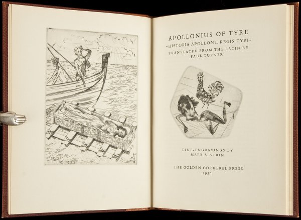 Golden Cockerel Press Apollonius of Tyre: Title: Historia Apollonii Regis Tyri Author: Apollonius of Tyre Description: 68 pp. Translated from the Latin by Paul Turner. With 5 collotype plates of line engravings by Mark Severin. 9½x7¼, quart