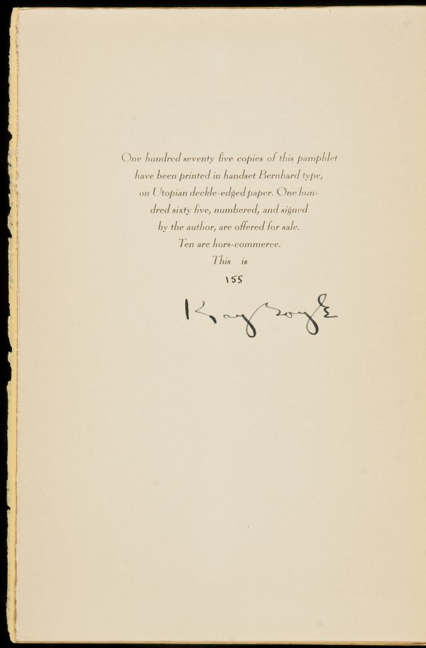 Kay Boyle A Statement 1 of 165 signed copies: Title: A Statement Author: Boyle, Kay Description: 6 leaves. Frontispiece portrait by Max Weber. (8vo) original yellow wrappers. One of 165 copies. First EditionSigned by Boyle at the colophon. Headin