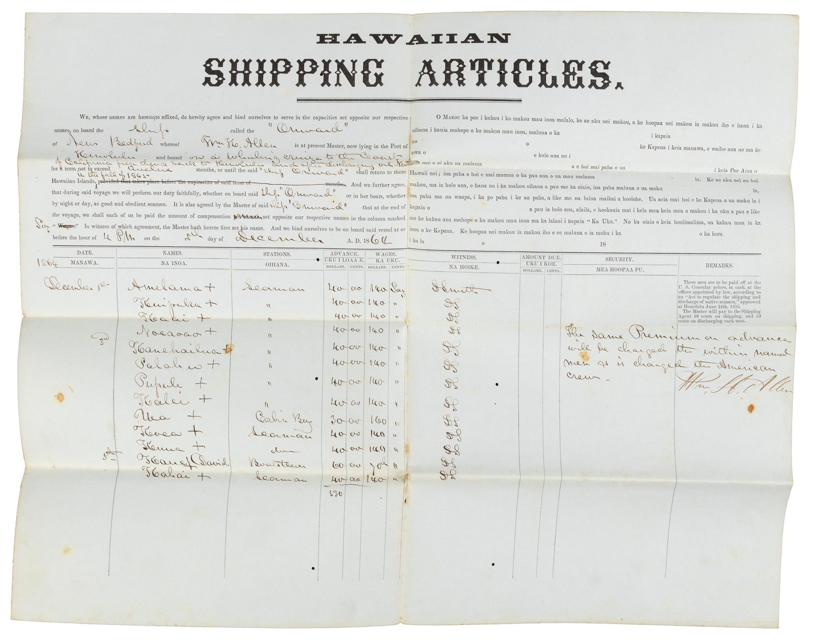 Hawaiian crew signed for whaling cruise 1864: Heading: (Hawaii) Author: Title: Hawaiian Shipping Articles Place Published: Honolulu Publisher: Date Published: December 1864 Description: Printed form in English and Hawaiian,
