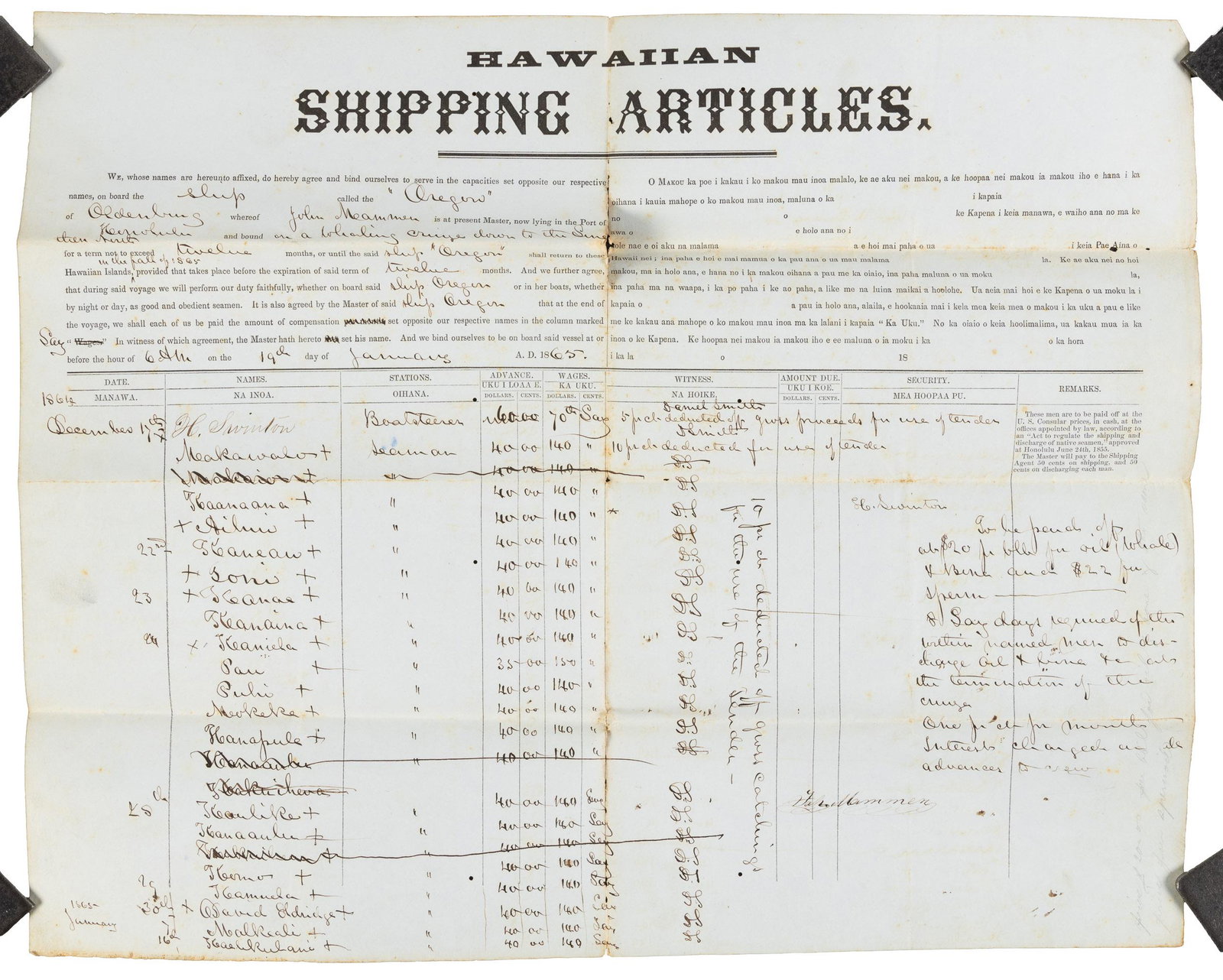 Whaling crew recruited in Hawaii, 1865: Heading: (Hawaii) Author: Title: Hawaiian Shipping Articles Place Published: Honolulu Publisher: Date Published: January 1865 Description: Printed form in English and Hawaiian,