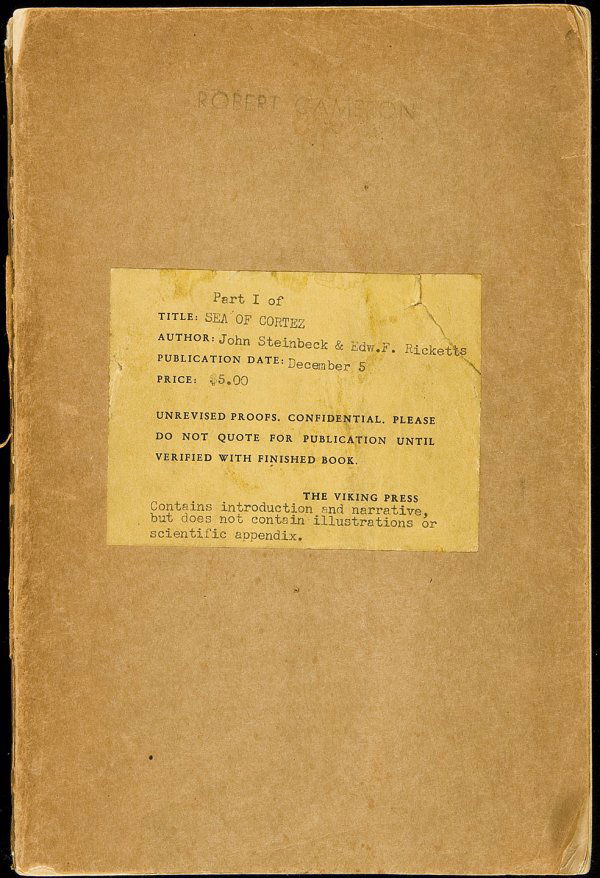 Advance Proof of Steinbeck's Sea of Cortez: Title: Sea of Cortez: A Leisurely Journal of Travel and Research... Author: Steinbeck, John and Edward F. Ricketts Description: x, 277 pp. 9¼x6, original brown paper wrappers, printed yellow paper co