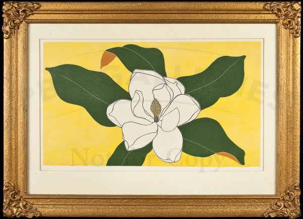 sgnd color linocut by Henry Evans-Magnolia 1971: Title: Magnolia Mississippi State Flower - signed color linoleum-block print Author: Evans, Henry Description: Image is 10x17 on larger paper. Signed, titled and numbered in pencil below the image. No