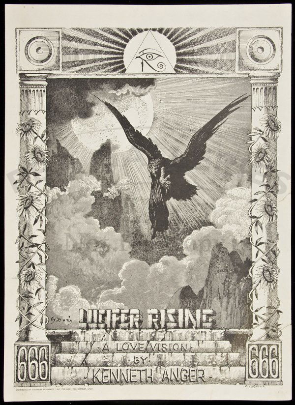 Lucifer Rising poster designed by Rick Griffen: Title: Lucifer Rising: A Love Vision by Kenneth Anger Author: Griffin, Rick Description: Black and white poster designed by Rick Griffin. 20x14½.The design incorporates Gustave Dore's illustration fr