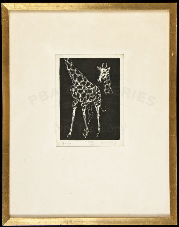 Giraffe - original linocut by Chas Surendorf: Title: Giraffe - original linocut Author: Surendorf, Charles Description: Image is 5½x4 on larger paper. Titled, numbered and signed in pencil by the artist. No. 1st Ed/100. Framed.A surreal portrait