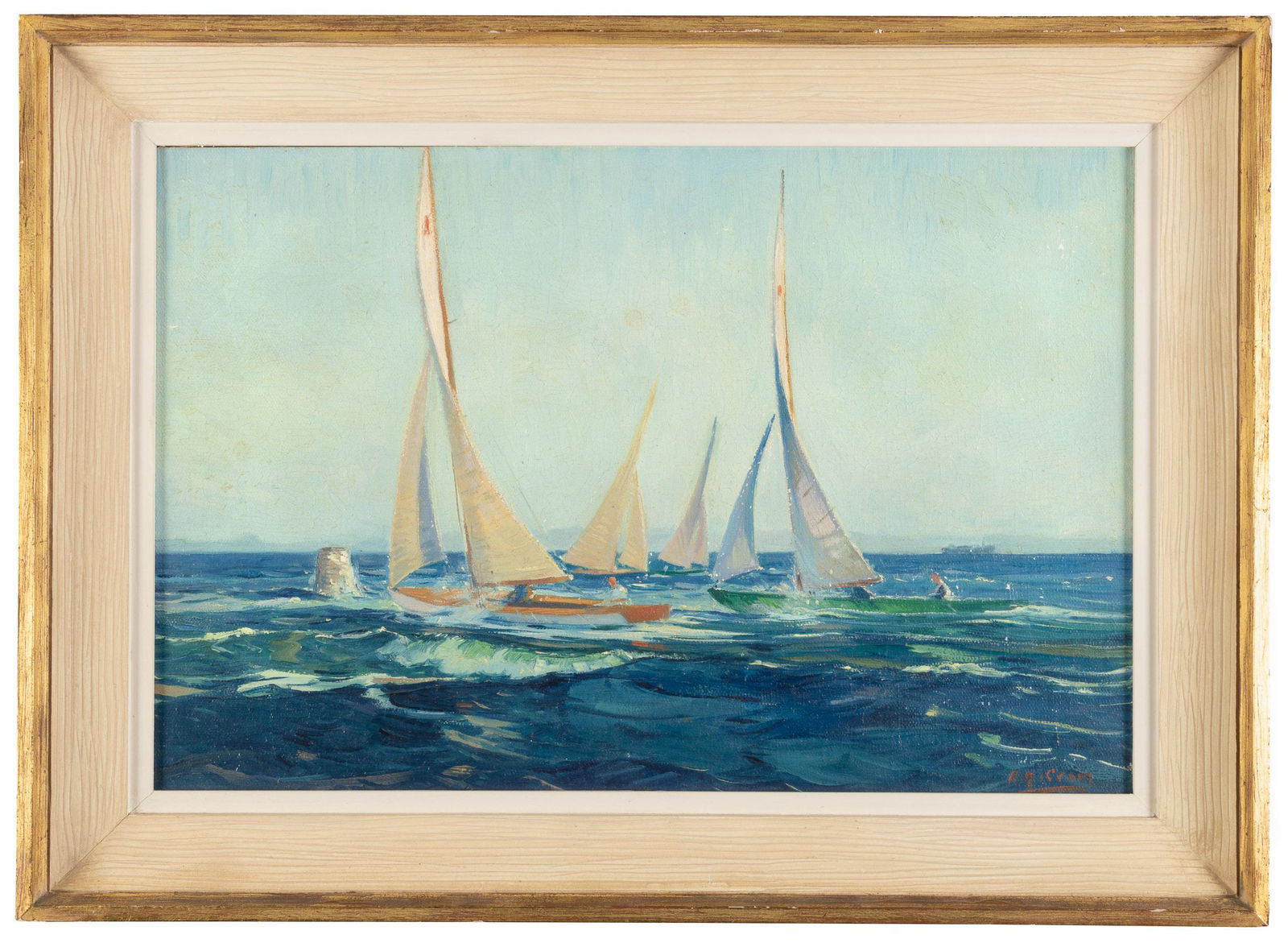 A.G. Cram painting of sailboat racing (1 of 4)