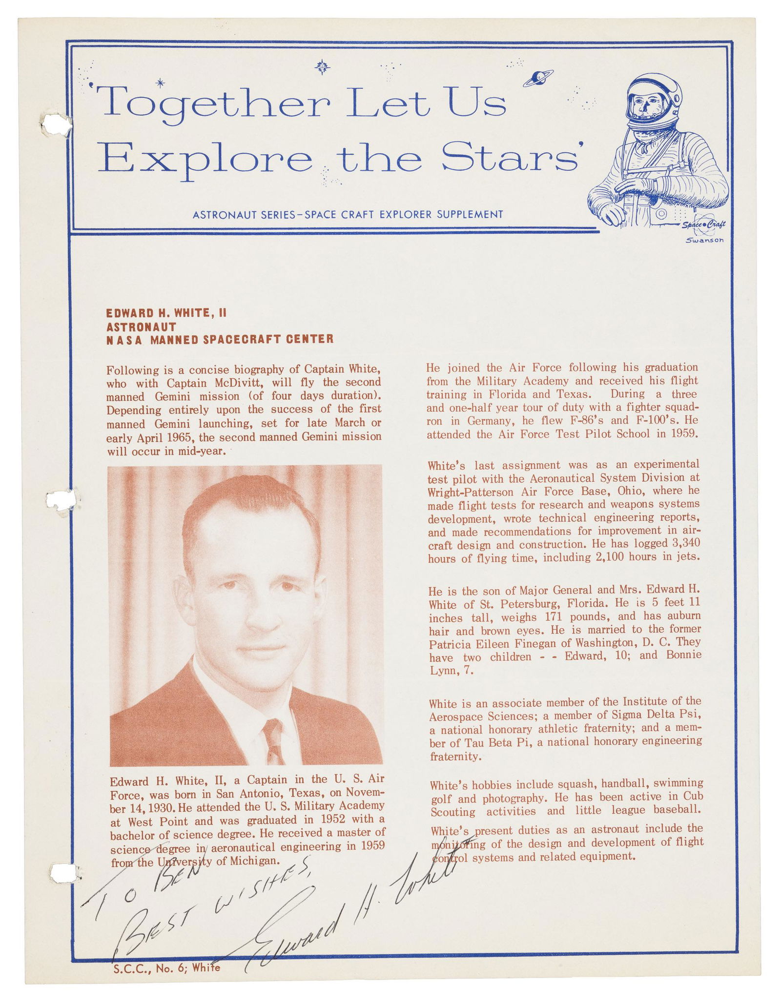 Signed publicity sheet for astronaut Ed White (1 of 2)