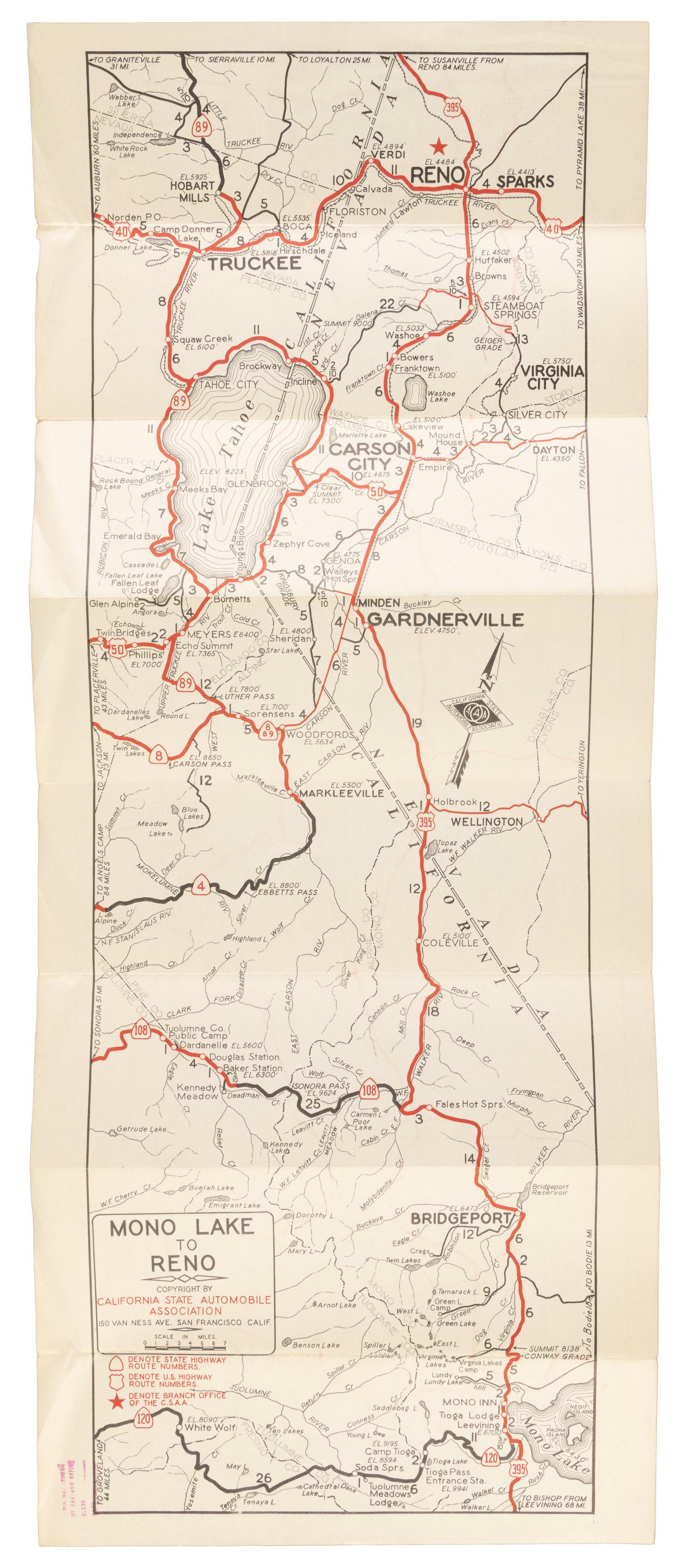 Road map from Mono Lake to Reno 1938 (1 of 3)