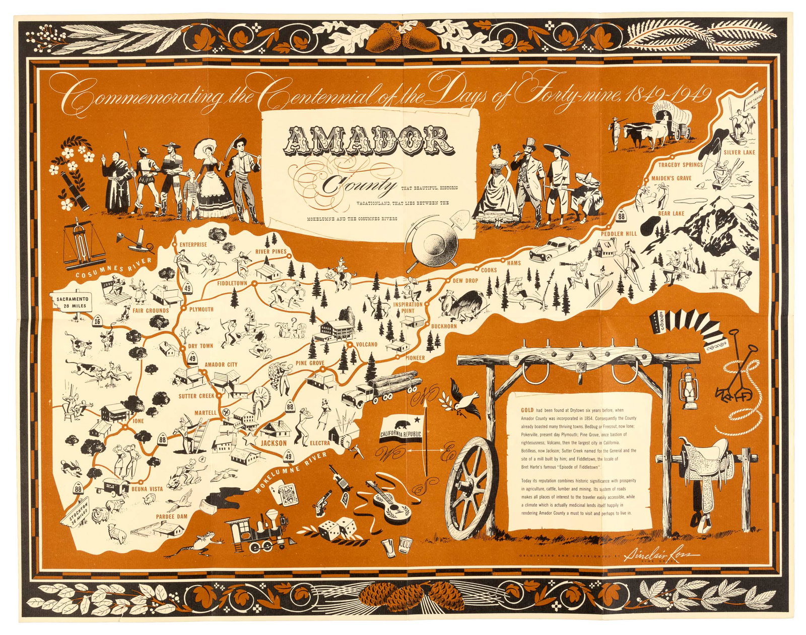 Centennial illustrated map of Amador County, 1949: Heading: (California - Amador County) Author: Ross, Sinclair Title: Commemorating the Centennial of the Days of Forty-nine, 1849-1949: Amador County... Place Published: Pine Grove, California Publishe