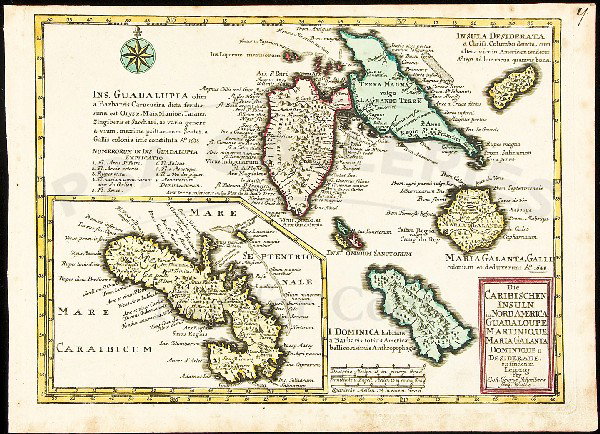 Caribbean islands by J.G. Schreiber c.1750: Title: Die Caribischen Insuln in Nord America - Guadaloupe, Martinique, Maria Galanta, Dominique u. Desiderade Author: Schreiber, Johann Georg Description: Copper-engraved map, hand-colored. 19x25 cm.