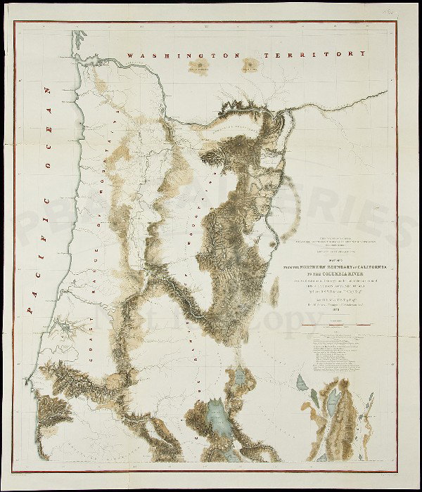 Pacific Railroad survey of Oregon: Title: Routes in Oregon and California. Map No.2. From the Northern Boundary of California to the Columbia River ... Author: Williamson, R.S. & H.L. Abbott Description: Lithographed map, modern hand-c