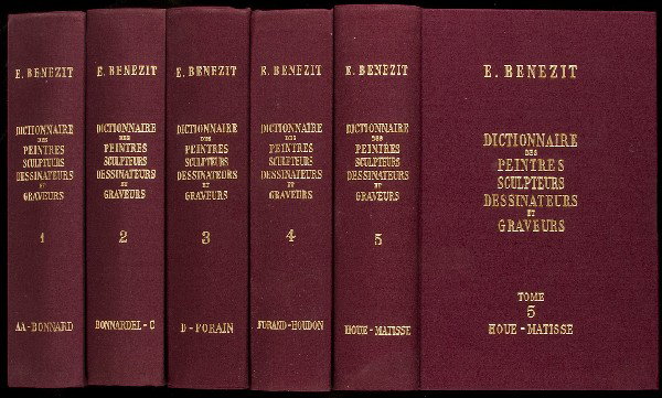 French 8 vol Dictionary on Art 1966 facsimile ed: Title: Dictionnaire des Peintres, Sculpteurs, Dessinateurs et Graveurs Author: Benezit, Emmanual Description: 8 volumes. Plates including frontispieces in each volume. 9¼x6, burgundy cloth, lettered 