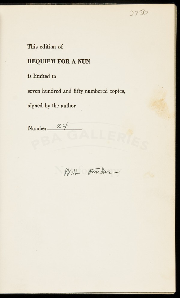 Requiem for a Nun Signed Limited Edition: Title: Requiem for a Nun Author: Faulkner, William Description: Original half black cloth and marbled boards. One of 750 copies. First Edition.Signed by Faulkner on the limitation page. Petersen A28c.