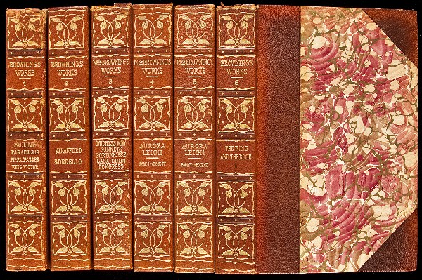 Complete works of Robert & Mrs. E.B. Browning 18v: Title: The Complete Works of... Author: Browning, Robert and Mrs. E.B. Description: 18 volumes. Hand-colored engraved frontispieces. (8vo), half caramel morocco and boards, gilt-decorated and lettered