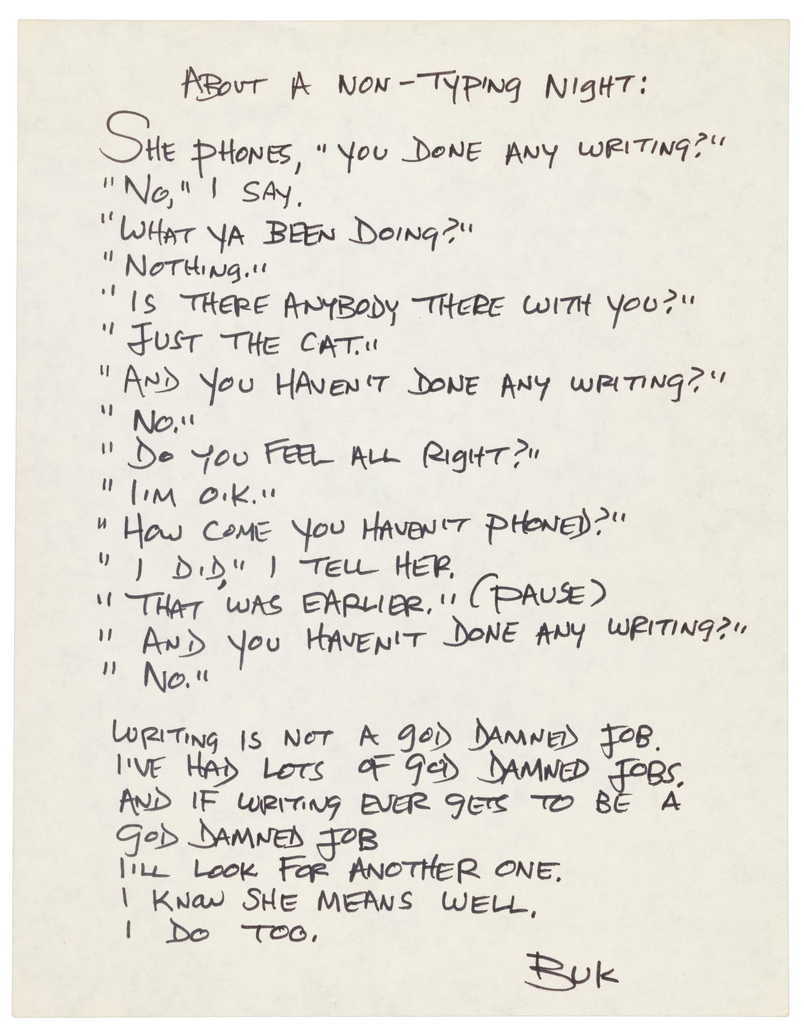 Original manuscript poem by Bukowski (1 of 2)