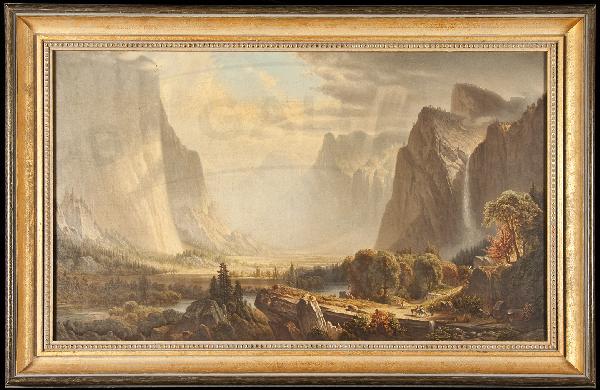 Prang Chromolithograph of Yosemite Valley: Title: [Chromolithograph of Yosemite Valley, after the painting by Thomas Hill] Author: Prang, Louis, publisher Description: Chromolithograph on canvas. 39x66 cm. (15½x26"), on original wooden stretc