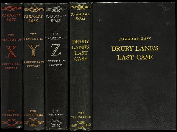 Set of the four Drury Lane mysteries in first ed.: Title: Set of the four Drury Lane mysteries in first edition Author: Queen, Ellery, as Barnaby Ross, pseud. of Frederic Dannay & Manfred B. Lee Description: Includes: The Tragedy of X. 1932. * The Tra