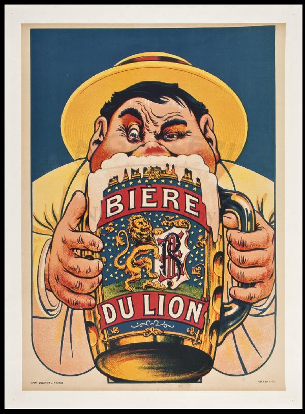 Biere du Lion - color poster by Pichot: Title: Biere du Lion - color poster Author: Biere du Lion Description: Original color lithograph poster on paper. 79x57.8 cm. (31?x22?"), mounted on paper and linen. All together is 87.6x65.8 cm. (34?