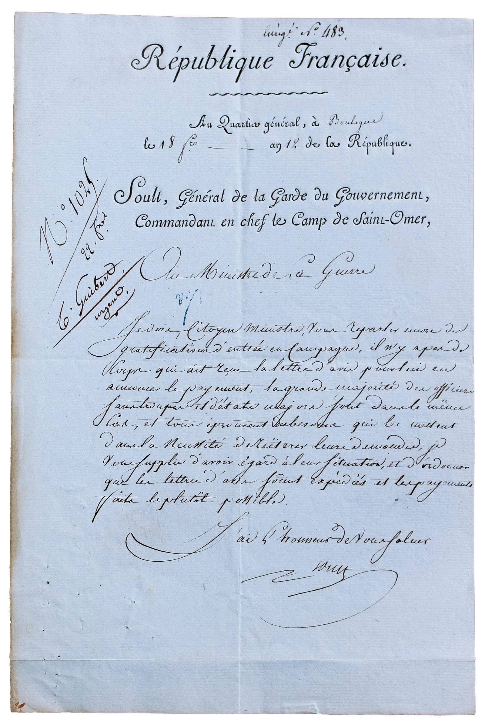 Signed letter by Soult, later French War Minister (1 of 1)