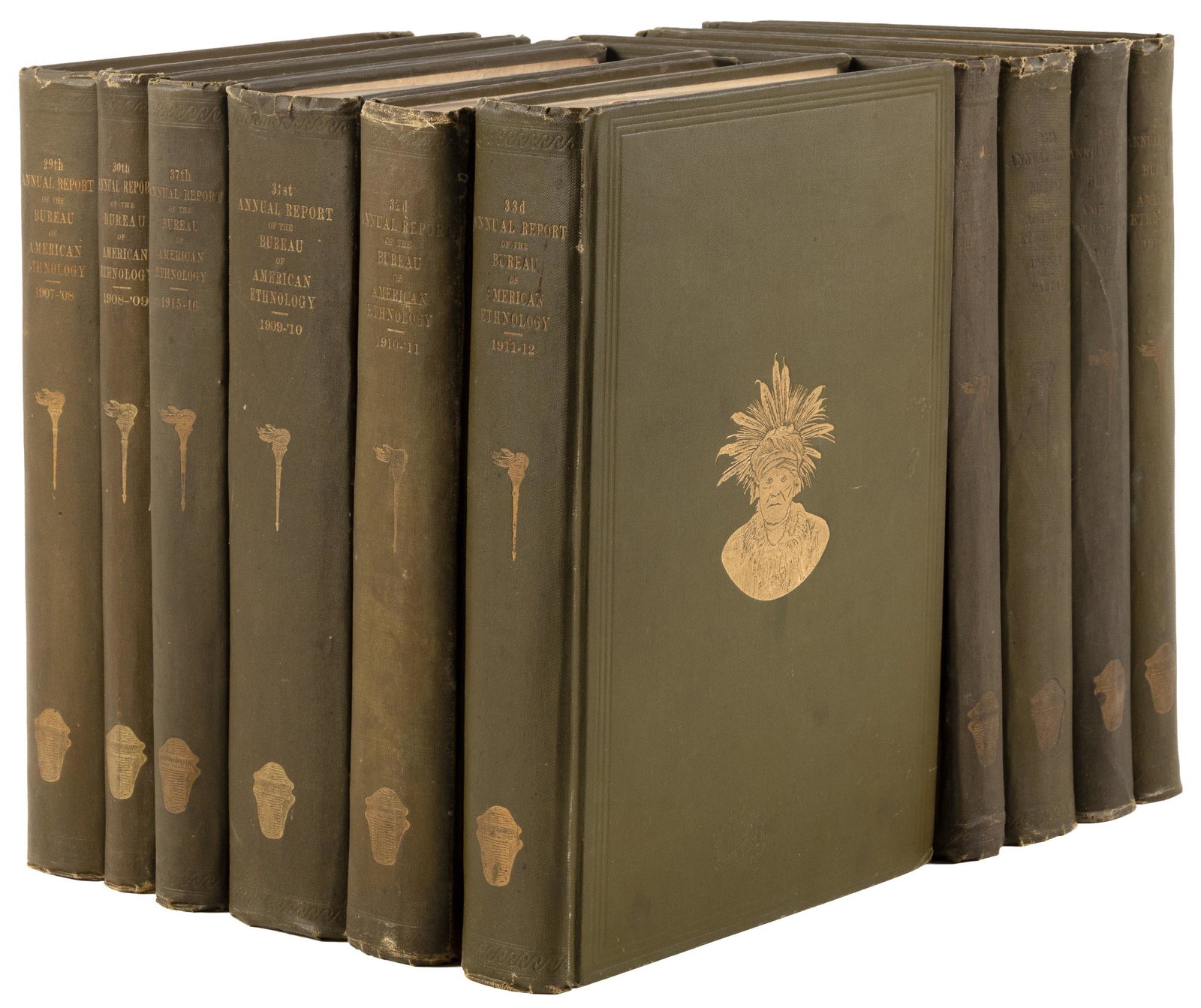 Bureau of American Ethnology annuals and bulletins: Heading: (Bureau of American Ethnology) Author: Powell, John Wesley, ed. Title: Nearly complete lot of Annual Reports in volumes, of the Bureau of American Ethnology to the Secretary of the Smithsonia