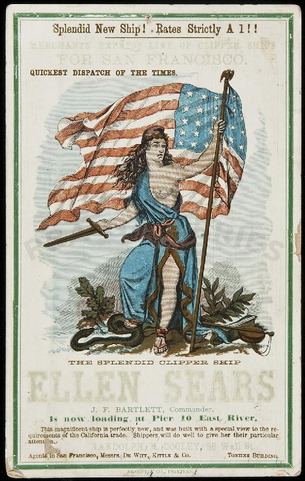Clipper Ship Card for Ellen Sears by Nesbitt: Title: ELLEN SEARS Author: ** Description: Clipper ship sailing card, on porcelain coated stock, with color wood-engraved illustration. 16.5x10.3 cm. (6½x4¼").Sailing card for the Merchant's Express