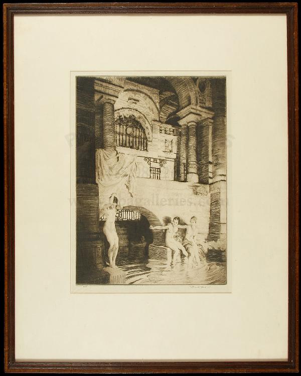 Original etching by William Russell Flint: Title: Bagno Della Marchesa (Women in bath) - original etching Author: Flint, William Russell Description: Etching on paper. 10½x7¾, matted and framed under Plexiglas. Numbered XLV and signed by Fli