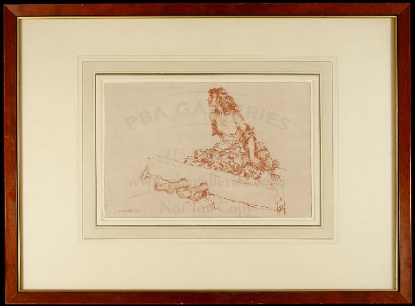 Pastel drawing by William Russell Flint: Title: "The Pretty Gypsy in the Stocks" - original pastel drawing Author: Flint, William Russell Description: Pastel drawing in burnt sienna on paper, signed by Flint in lower left. 8x12, matted & fra