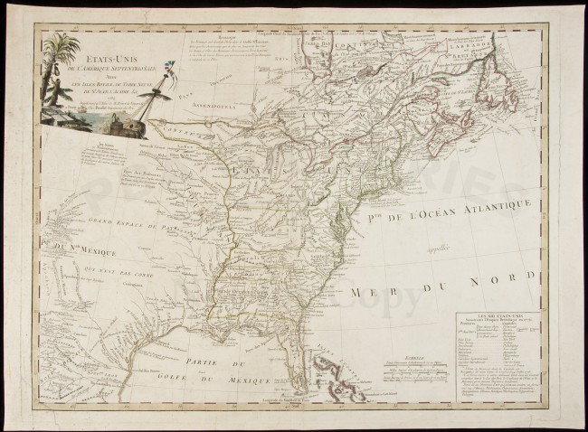 Map of United States in 1785: Title: Etats-Unis de l'Amerique Septentrionale avec les Isles Royale, de Terre Neuve de St. Jean, l'Acadie &c. Author: Delamarche, Charles Francois Description: Copper-engraved map, hand-colored in ou