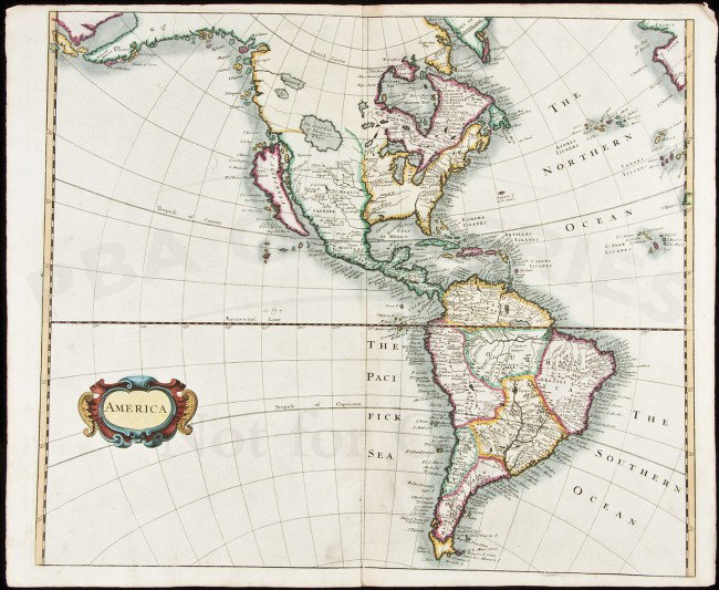 Heylyn's Map of America California an Island: Title: America Author: Heylyn, Peter Description: Copper-engraved map, hand-colored (later). 35.5x42 cm. (14x16½").North and South America, with California an island, issued in the seventh and last e