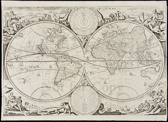 World map from Dutch Bible 18th century: Title: Werelt Caert Author: Stoopendaal, Daniel Description: Copper-engraved double-hemisphere map of the world. 31x45.7 cm. (12¼x18").Stoopendahl's world map with California an island, based on the 