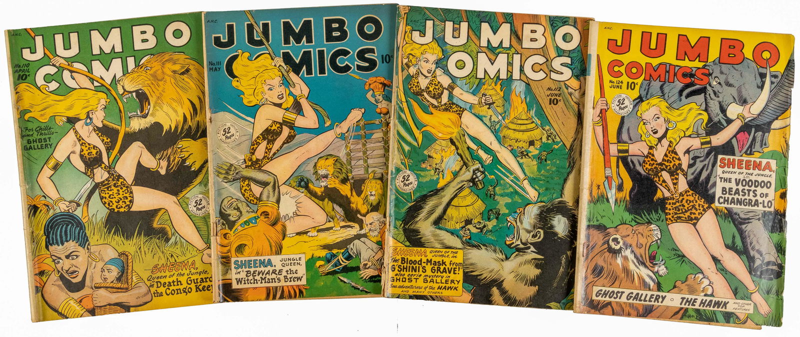 JUMBO COMICS: Lot of Four Issues * Fiction House: Heading: Author: Title: JUMBO COMICS Nos. 110, 111, 112, 124 * Lot of Four Comics Place Published: Publisher:Fiction House [Indicia: Real Adventures Pub. Co., Inc.] Date Published: 1948-19