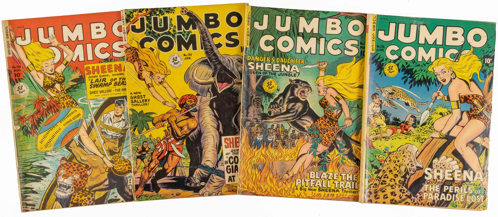 JUMBO COMICS: Lot of Four Issues * Fiction House *: Heading: Author: Title: JUMBO COMICS Nos. 126, 131, 133, 136 * Lot of Four Comics Place Published: Publisher:Fiction House [Indicia: Real Adventures Pub. Co., Inc.] Date Published: 1949-19