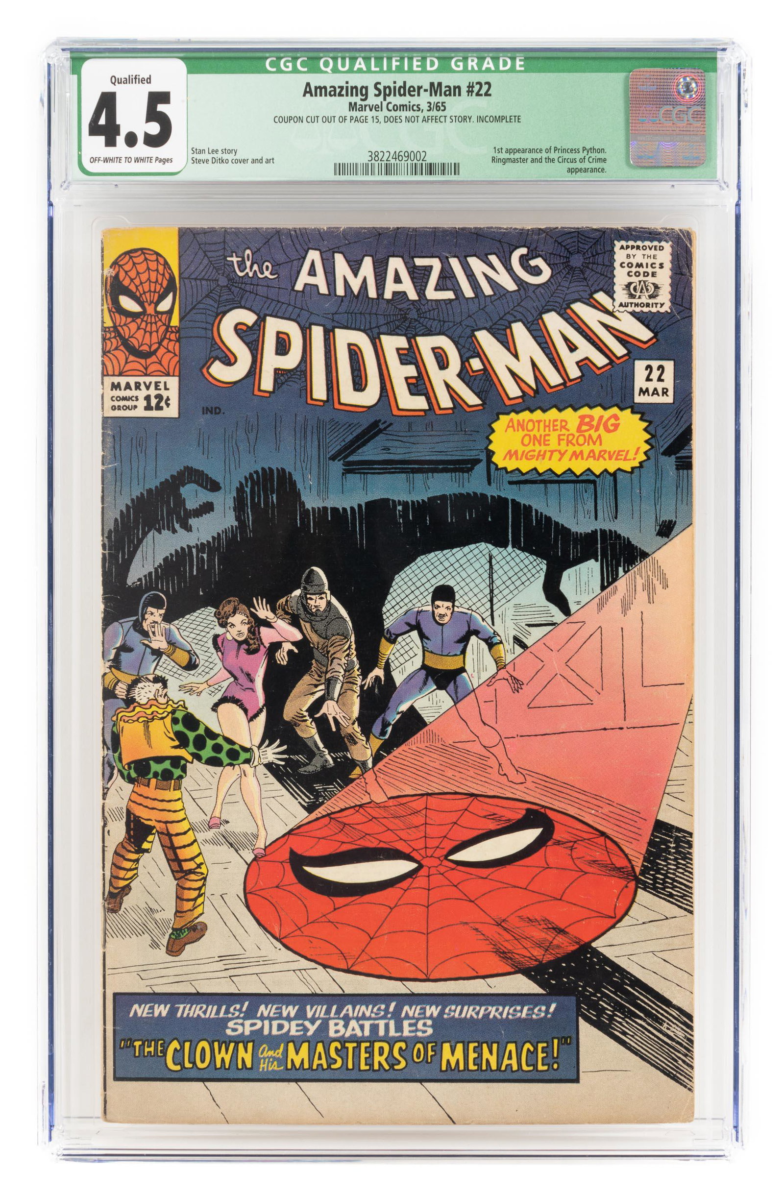 AMAZING SPIDER-MAN #22 * CGC 4.5 Green Label * Circus: Heading: Author: Title: AMAZING SPIDER-MAN No. 22 Place Published: Publisher:Marvel [Indicia: Non-Pareil Publishing Corp.] Date Published: March, 1965 Description: