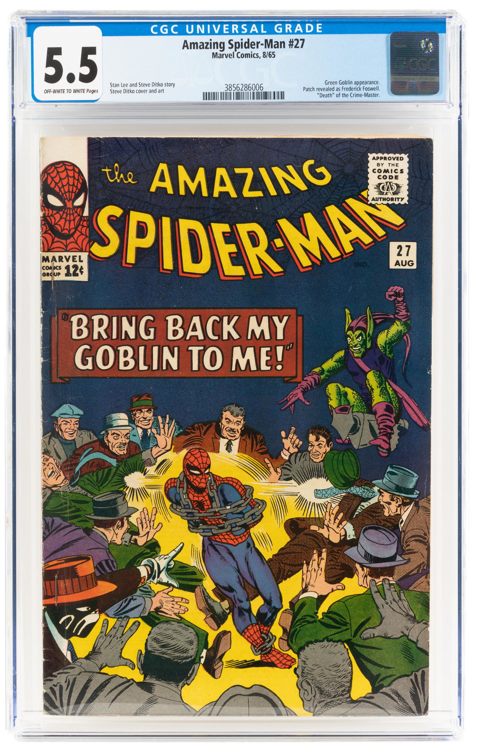 AMAZING SPIDER-MAN #27 * CGC 5.5 * Spidey, Goblin &: Heading: Author: Title: AMAZING SPIDER-MAN No. 27 Place Published: Publisher:Marvel [Indicia: Non-Pareil Publishing Corp.] Date Published: August, 1965 Description: