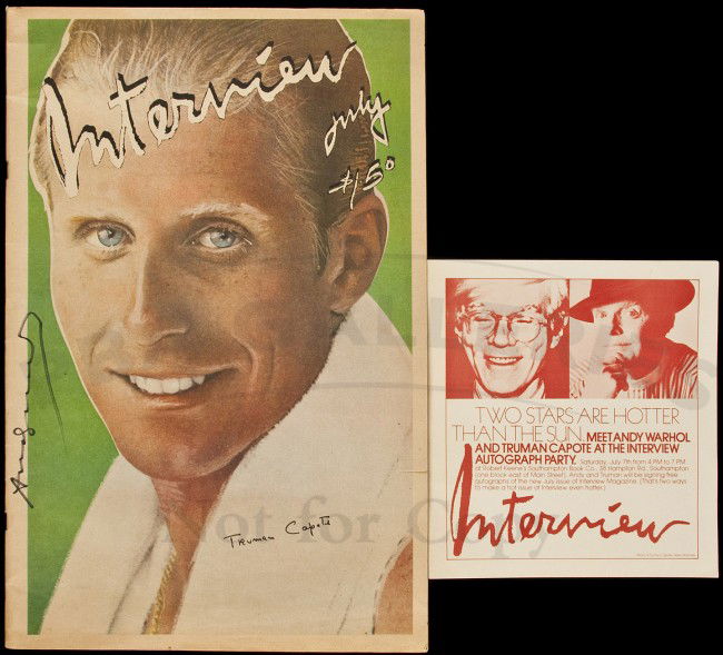 Interview Magazine Signed by Warhol & Capote: Title: Interview Magazine, Vol. IX, No. 7 - Signed by Warhol and Capote Author: Warhol, Andy & Truman Capote Description: 72 pp. 16¾x11".Signed on the front cover by both the publisher Andy Warhol an