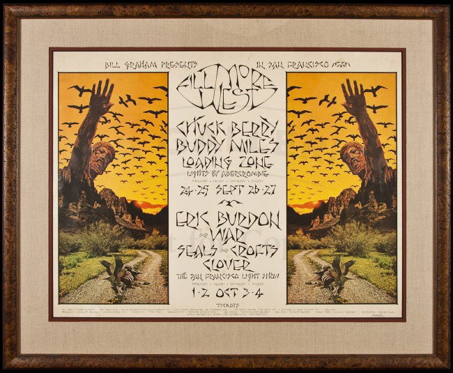 Concert poster 1970 Chuck Berry, Eric Burdon: Title: Chuck Berry, Buddy Miles, Loading Zone, Lights by Abercrombie...Eric Burdon and War, Seals and Crofts Clover, The San Francisco Light Show Author: ** Description: Archivally matted and framed o