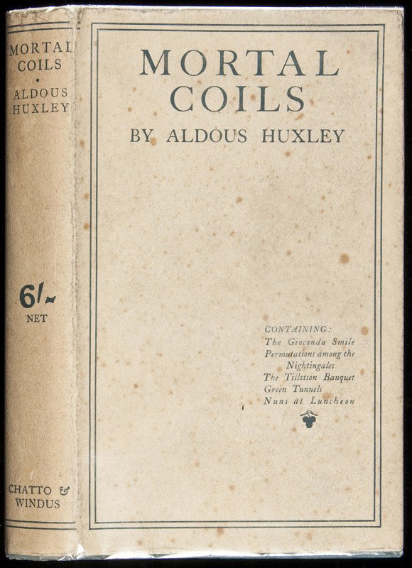 Aldous Huxley Mortal Coils 1st edition in jacket: Title: Mortal Coils Author: Huxley, Aldous Description: Blue cloth, paper spine label, dust jacket. First Edition.Bookplate of Adrian Homer Goldstone. Heading: Place Published: London Publisher: Chatt