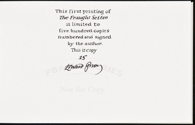 The Fraught Settee by Ed Gorey, 1/500 signed: Title: The Fraught Settee Author: Gorey, Edward Description: 9x15.3 cm. (3½x6"), illustrated wrappers. First Edition.Signed by Edward Gorey at limitation statement. No. 25 of 500 copies. Toledano A99