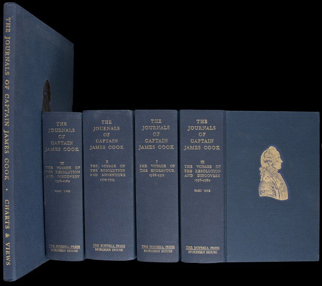 The Journals of Captain James Cook: Title: The Journals of Captain James Cook on His Voyages of Discovery Author: Cook, James Description: 4 volumes, plus portfolio of charts and views. Text volumes thick octavo, blue cloth stamped in g
