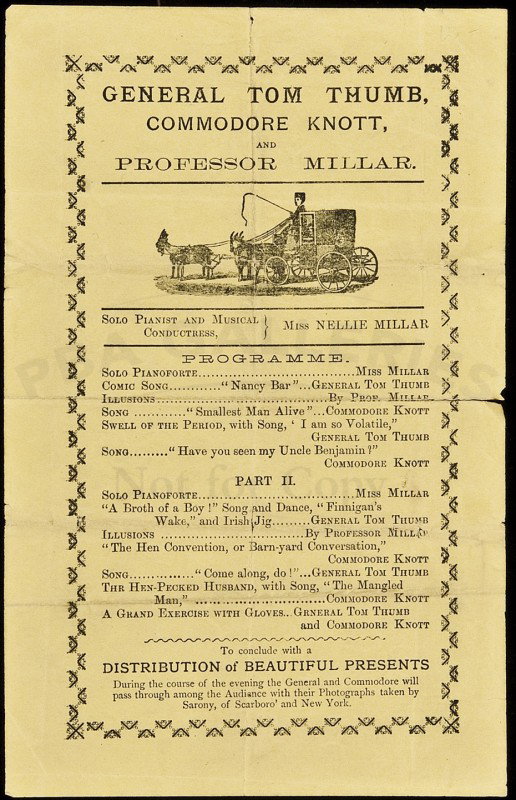 Musical evening with Tom Thumb: Title: General Tom Thumb, Commodore Knott, and Professor Millar... Programme Author: ** Description: Broadside advertising flier, printed on recto only with small wood engraving. 10.5x13 cm. (8x5").Pr