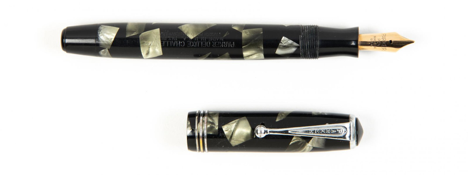 PARKER Deluxe Challenger Black and Pearl Fountain Pen: Heading: Author: Parker Title: Deluxe Challenger Black and Pearl Celluloid Fountain Pen, c.1930s Place Published: Publisher: Date Published: Description: Deluxe Challenger fou