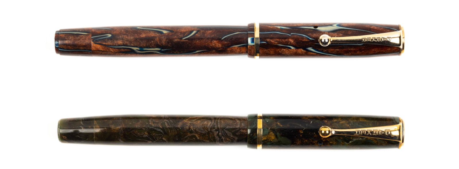 PARKER "Thrift Time" Pair of Depression-Era Fountain: Heading: Author: Parker Title: Moderne "Thrift Time" Lot of Two Fountain Pens, 1930s Place Published: Publisher: Date Published: Description: Pair of reddish-brown Depression-