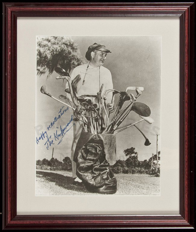 Photograph of Joe Kirkwood, signed: Title: Photograph of Joe Kirkwood, signed Author: Kirkwood, Joe Description: Black and white photograph, matted and framed. With frame measures 34x29 cm. (13½x11½").Signed on photograph, "Best Recol