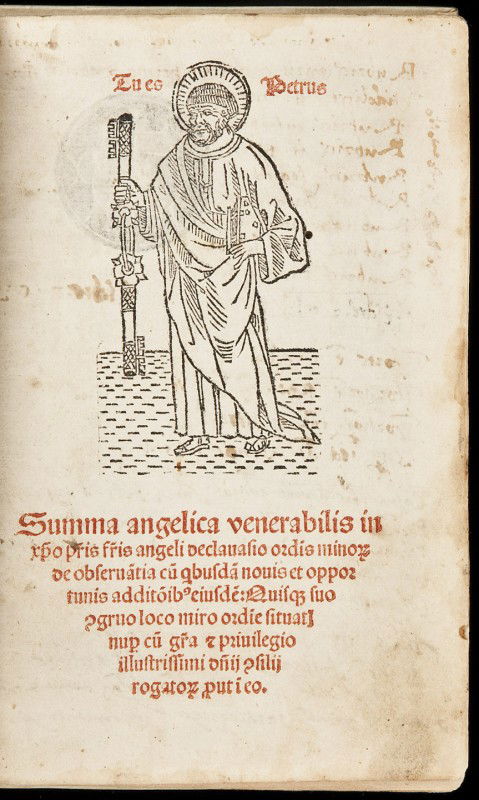 Incunable edition of the Summa Angelica: Title: Summa angelica de casibus conscientiae Author: Angelus de Clavasio Description: [8 (incl. blank)], 458 leaves. Text in 2 columns. Title-page printed in red, with woodcut portrait of St. Peter i